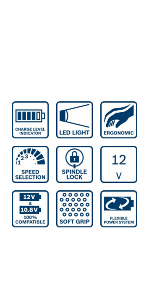 Ikonok: Töltöttségjelző, LED-fény, Ergonomikus, Sebességválasztás, Orsózár, 12V, 12V&10.8V, Soft Grip.