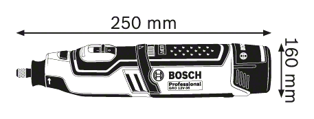 Egy szerszám diagramja, méretekkel: 250 mm hosszú és 58 mm széles.