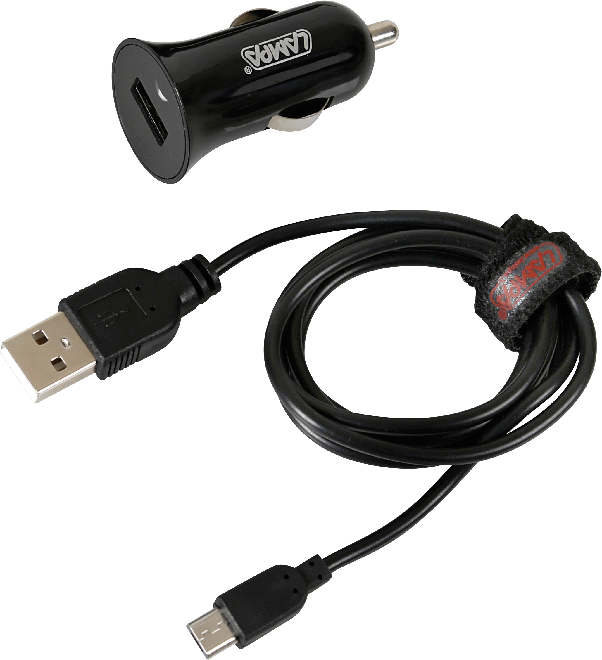 Fekete autós töltő USB porttal, és USB-micro-USB kábellel. Fekete háttér.