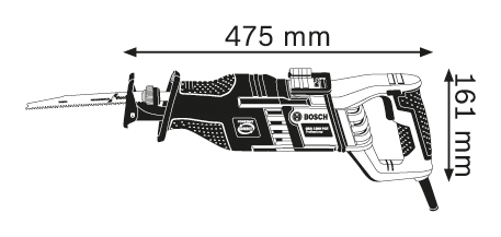Fekete-szürke dugattyús fűrész diagramja, 475mm x 161mm méretekkel.
