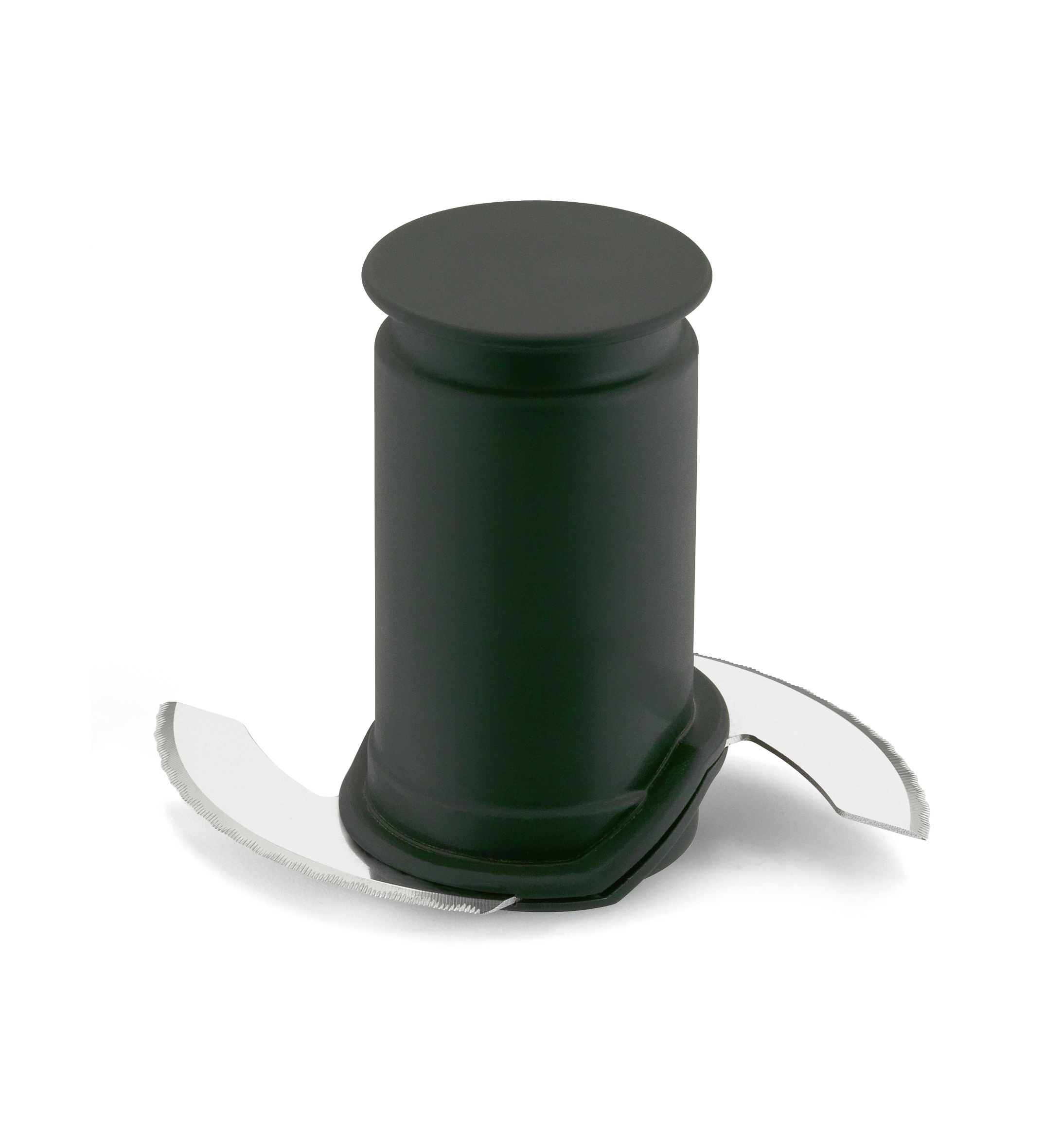 Eine schwarze Küchenmaschinenklinge mit zwei Klingen auf weißem Hintergrund. Nahaufnahme.