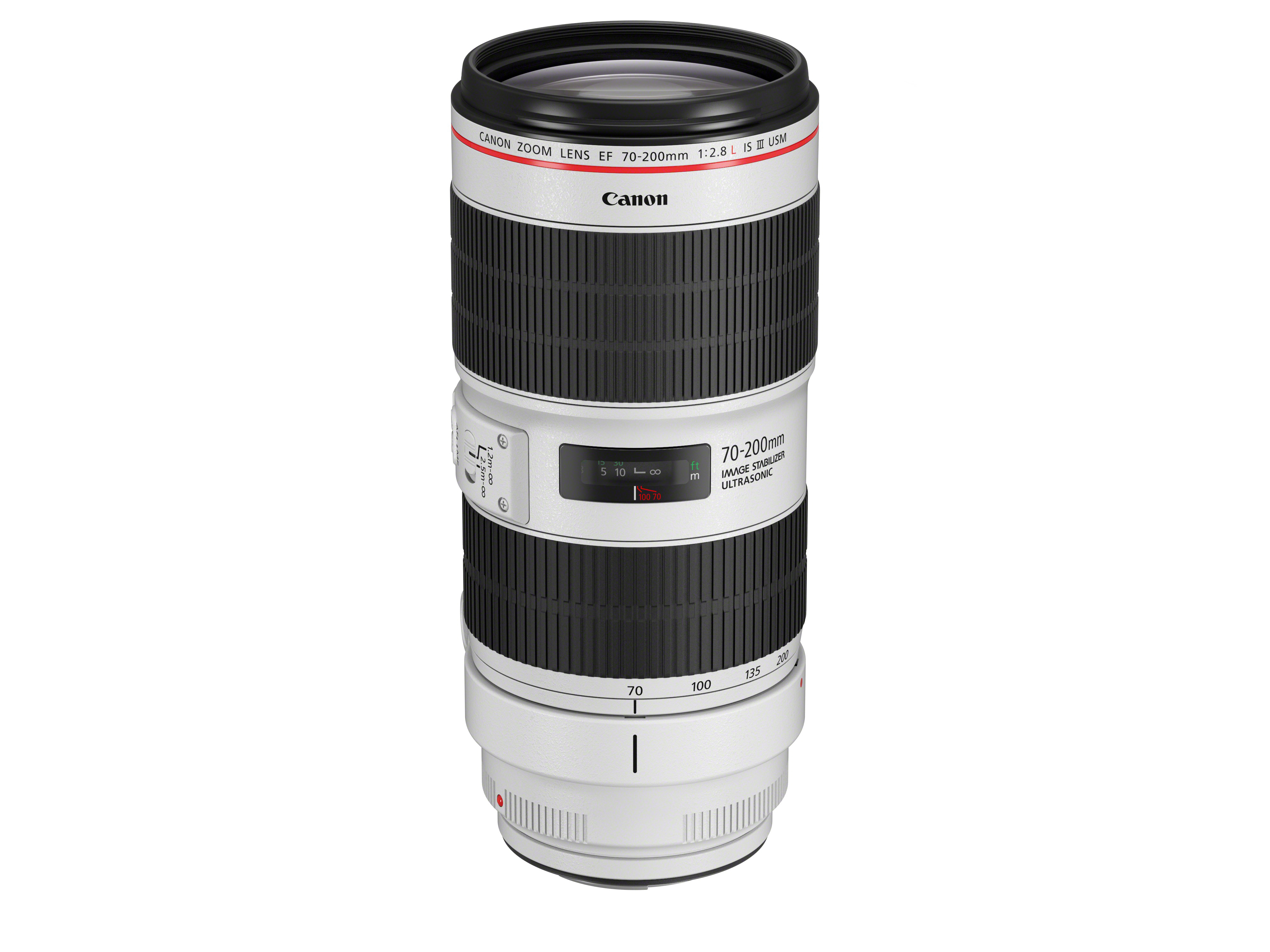 Weißes und schwarzes Kameraobjektiv, Marke Canon, mit Fokus- und Zoomringen.
