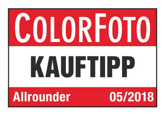 Ein rot-weißes Etikett mit den Worten 'COLORFOTO KAUFTIPP' und 'Allrounder 05/2018'.