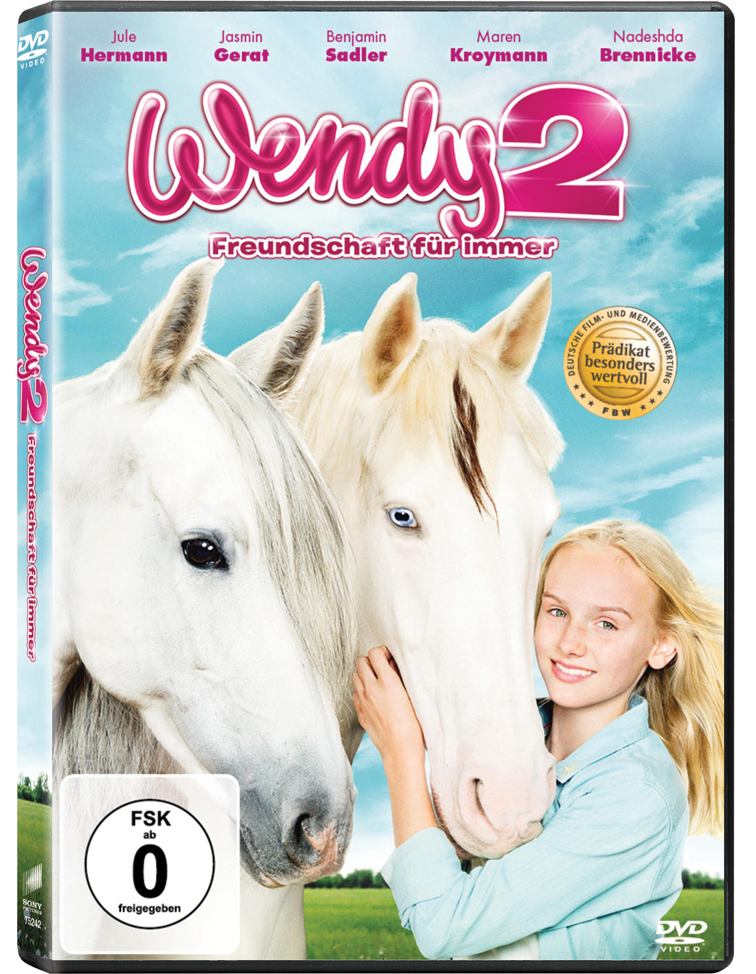 DVD-Cover von 'Wendy 2'. Zwei weiße Pferde, ein Mädchen und der Filmtitel mit Schauspielern sind sichtbar.