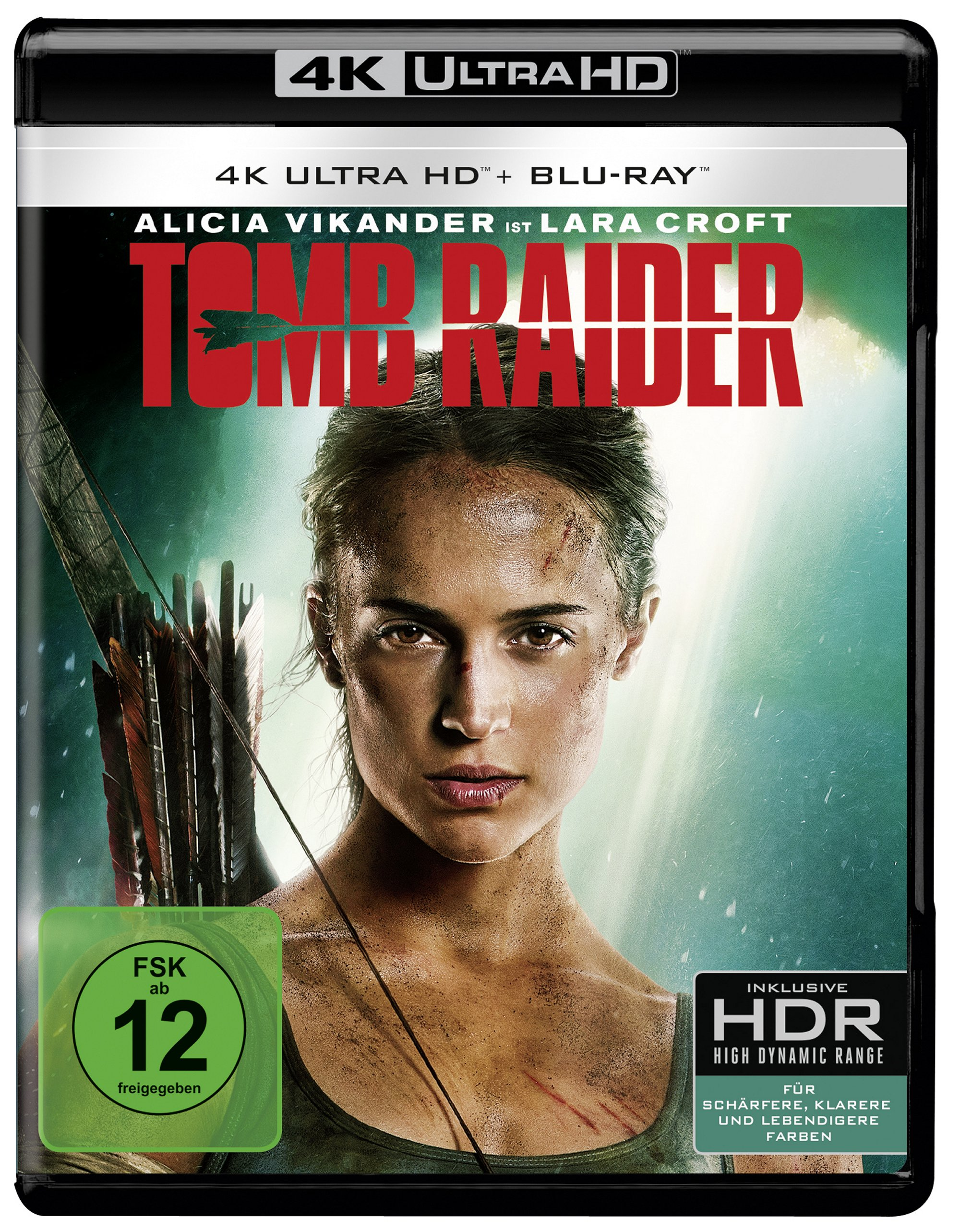 Tomb Raider Blu-ray-Cover mit Alicia Vikander. Zeigt ihr Gesicht und Pfeil und Bogen.