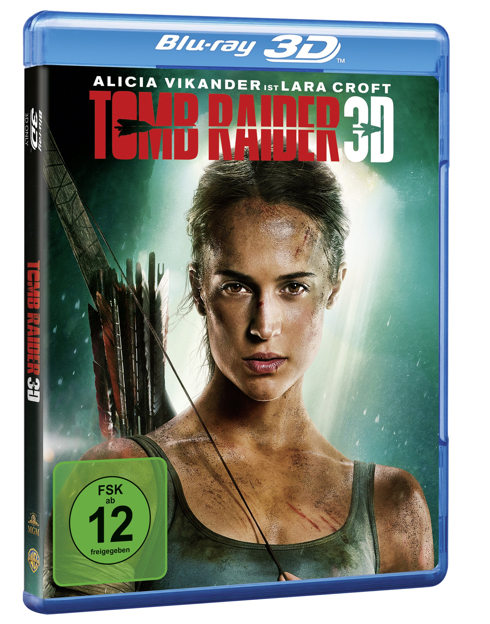 Blu-ray-Cover für 'Tomb Raider 3D' mit Alicia Vikander. Zeigt Action-Szene und Titel.