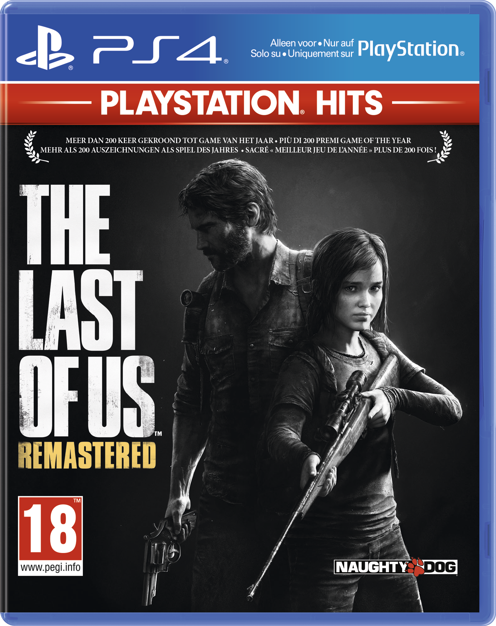 The Last of Us Remastered PS4 gamecover. Twee figuren met een geweer. Een man en een meisje.