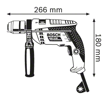 Bosch fúrógép vonalas rajza. Fekete-fehér, méretekkel mm-ben.