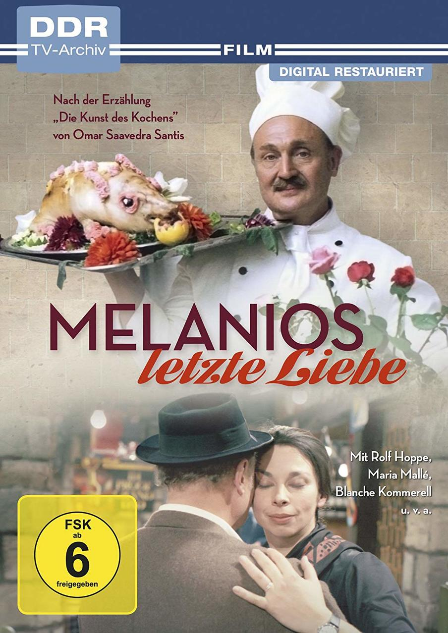 Filmposter: Ein Koch hält ein Tablett mit einem Schweinskopf. Titel: Melanios' letzte Liebe.