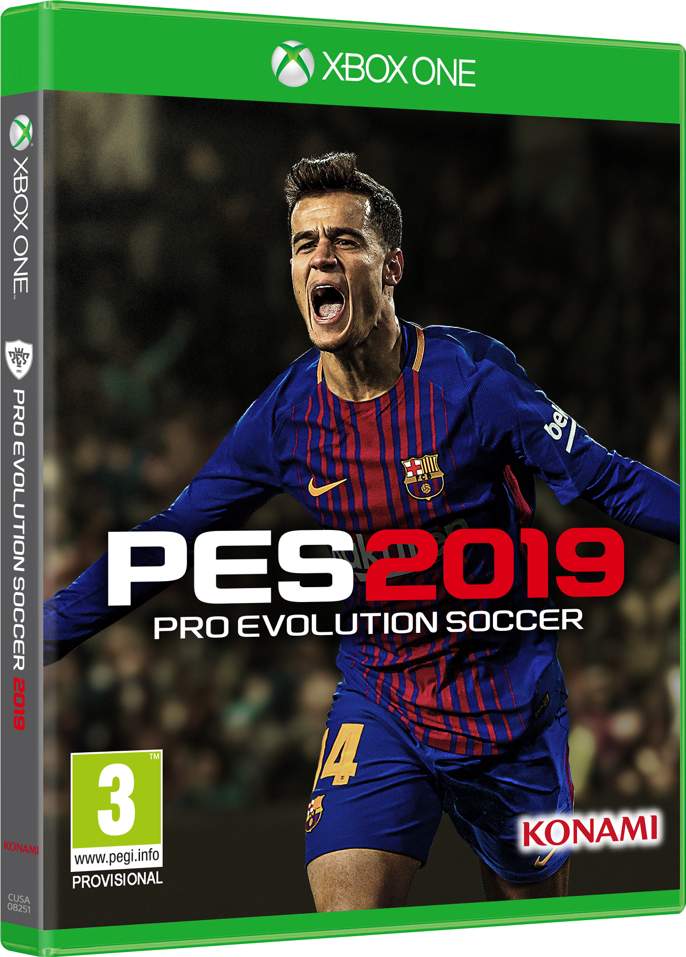 XBOX ONE gamebox van PES 2019. Speler op de cover schreeuwt. Groene en witte achtergrond.