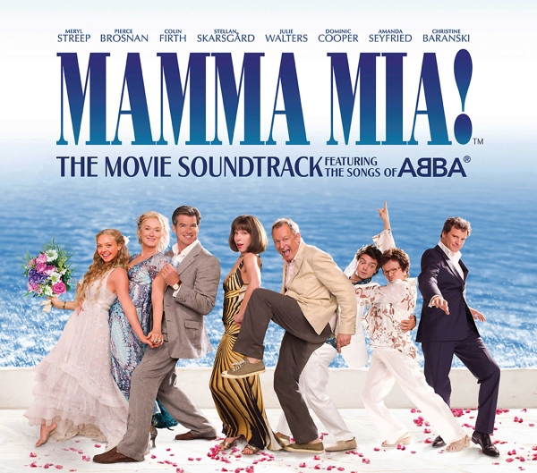 Mamma Mia! Soundtrack-Cover. Schauspieler am Strand, blauer Himmel, ABBA-Logo.