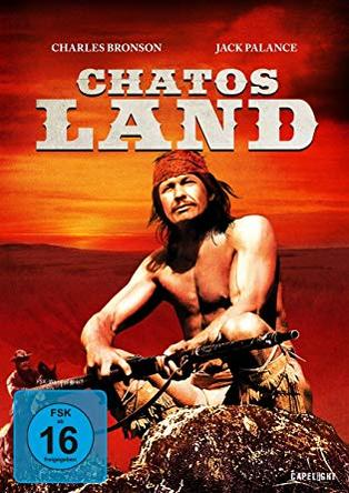 Filmposter für 'Chatos Land'. Charles Bronson mit rotem Bandana hält eine Waffe. Hintergrund zeigt einen Sonnenuntergang.