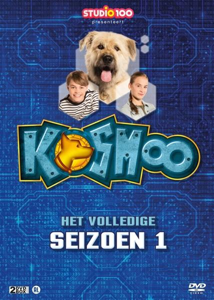 Jaquette DVD d'un dessin animé avec un chien, deux enfants et le titre "K3SHOO" en bleu et jaune.