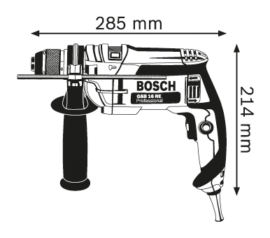 Egy fekete-szürke Bosch fúró, a méretekkel: 285 mm széles, 214 mm magas.