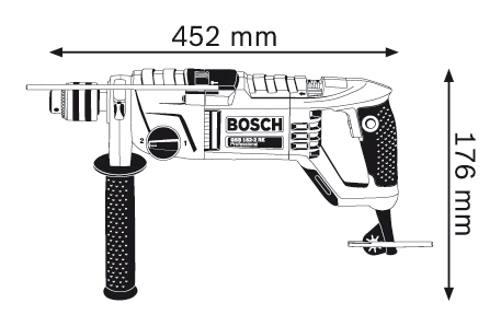 A Bosch kalapácsfúró diagramja. Fekete és szürke, 452 mm és 176 mm méretekkel.