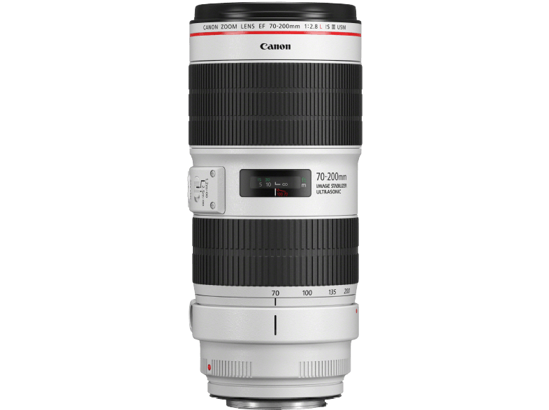 Un teleobiettivo zoom Canon bianco con ghiere nere e display di messa a fuoco/zoom.