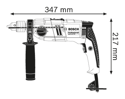 Egy fekete-fehér diagram a Bosch fúróról, 347 mm és 217 mm méretekkel.