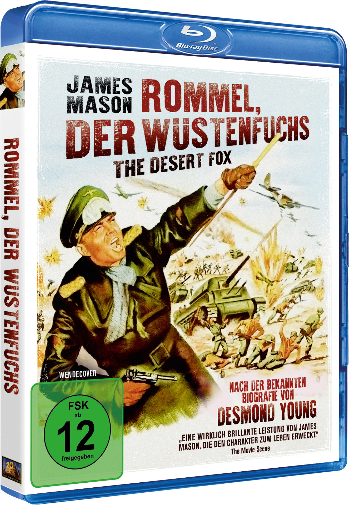 Blu-ray-Cover von 'Rommel, Der Wüstenfuchs'. Ein Mann zeigt, Panzer und Flugzeuge im Hintergrund.