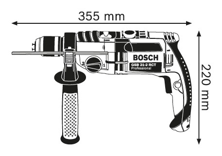 Egy Bosch GSB 21-2 RCT Professional fúró vonalrajza méretekkel.