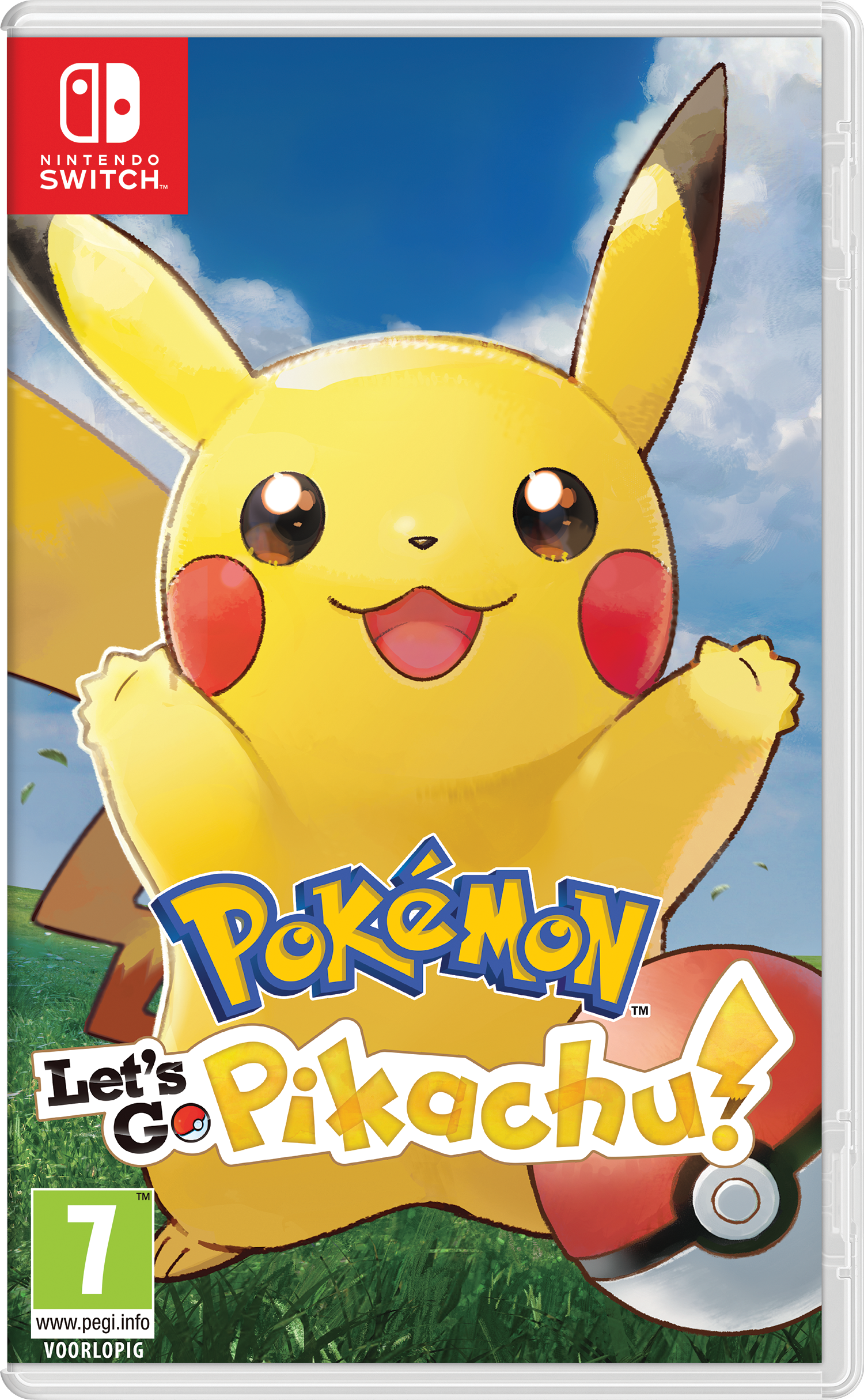 Nintendo Switch game case voor 'Pokémon Let's Go Pikachu!' met Pikachu op de cover.