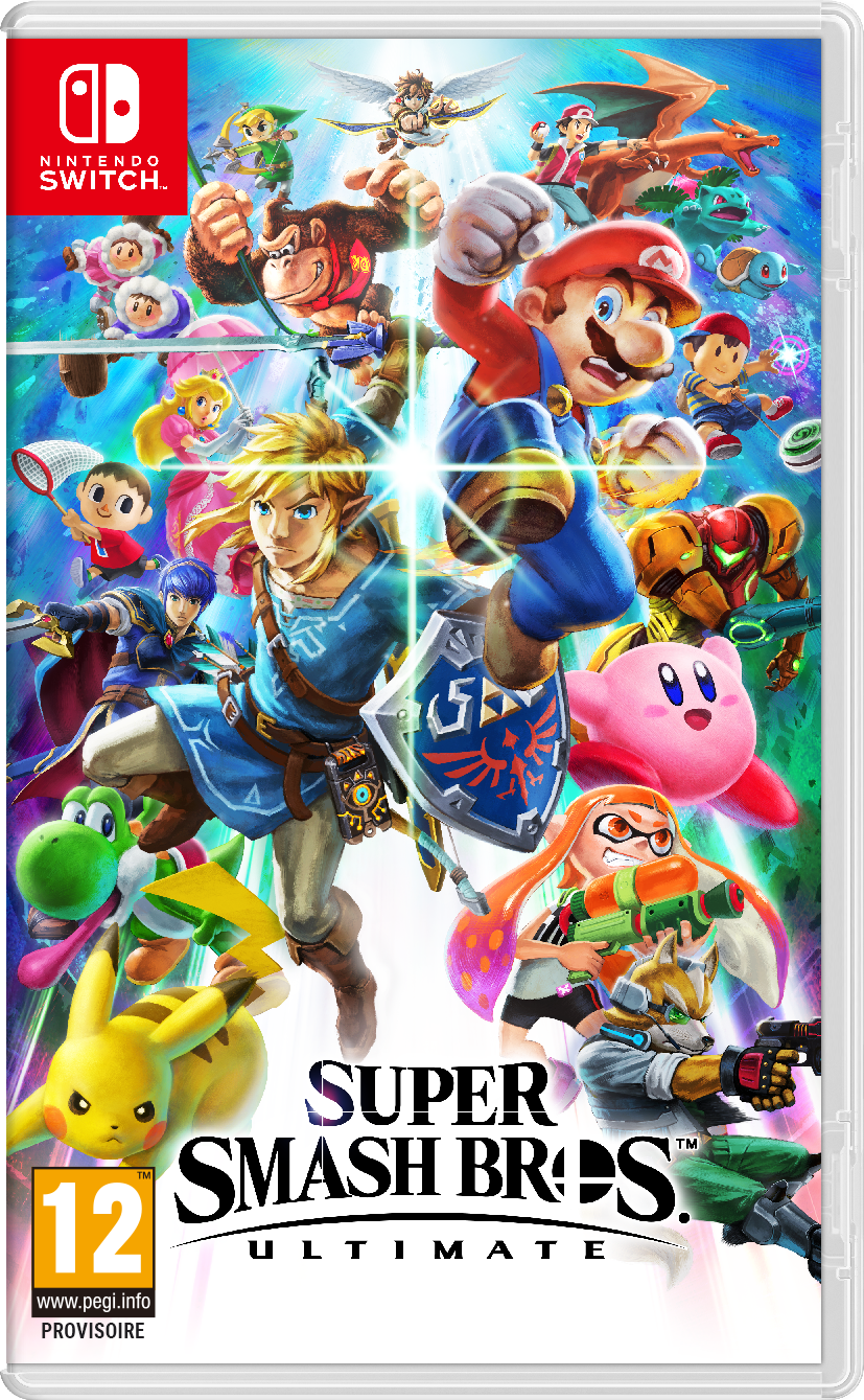 Super Smash Bros. Ultimate game case met personages als Mario en Link op de cover.