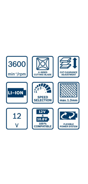 Egy grafika egy szerszám ikonjaival, specifikációkkal: RPM, penge, vágásbeállítás, Li-Ion, sebesség és feszültség.