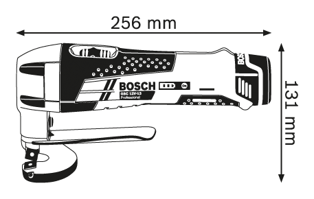 Fekete Bosch szerszám méretekkel. Szöveg: 256mm x 131mm. Bosch GSC 12V-13 Professional.