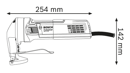 Vázlat egy Bosch professzionális fémollóról, méretekkel.