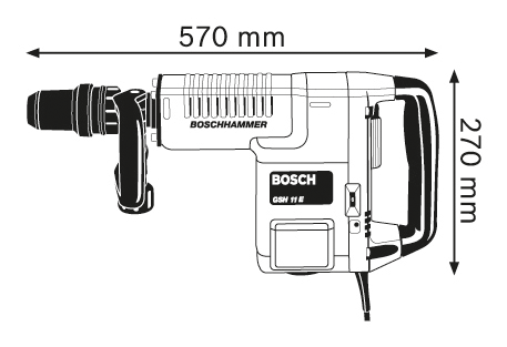 Egy Bosch fúrókalapács diagramja méretekkel: 570 mm hosszú, 270 mm magas.
