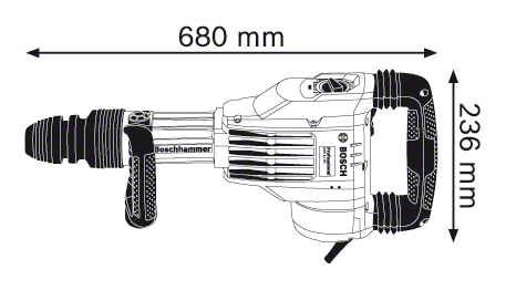 A Bosch fúrókalapács diagramja méretekkel. 680 mm hosszú és 236 mm magas.