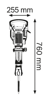 Felülnézet egy fekete-fehér bontókalapácsról, 255 mm szélességgel és 760 mm magassággal.