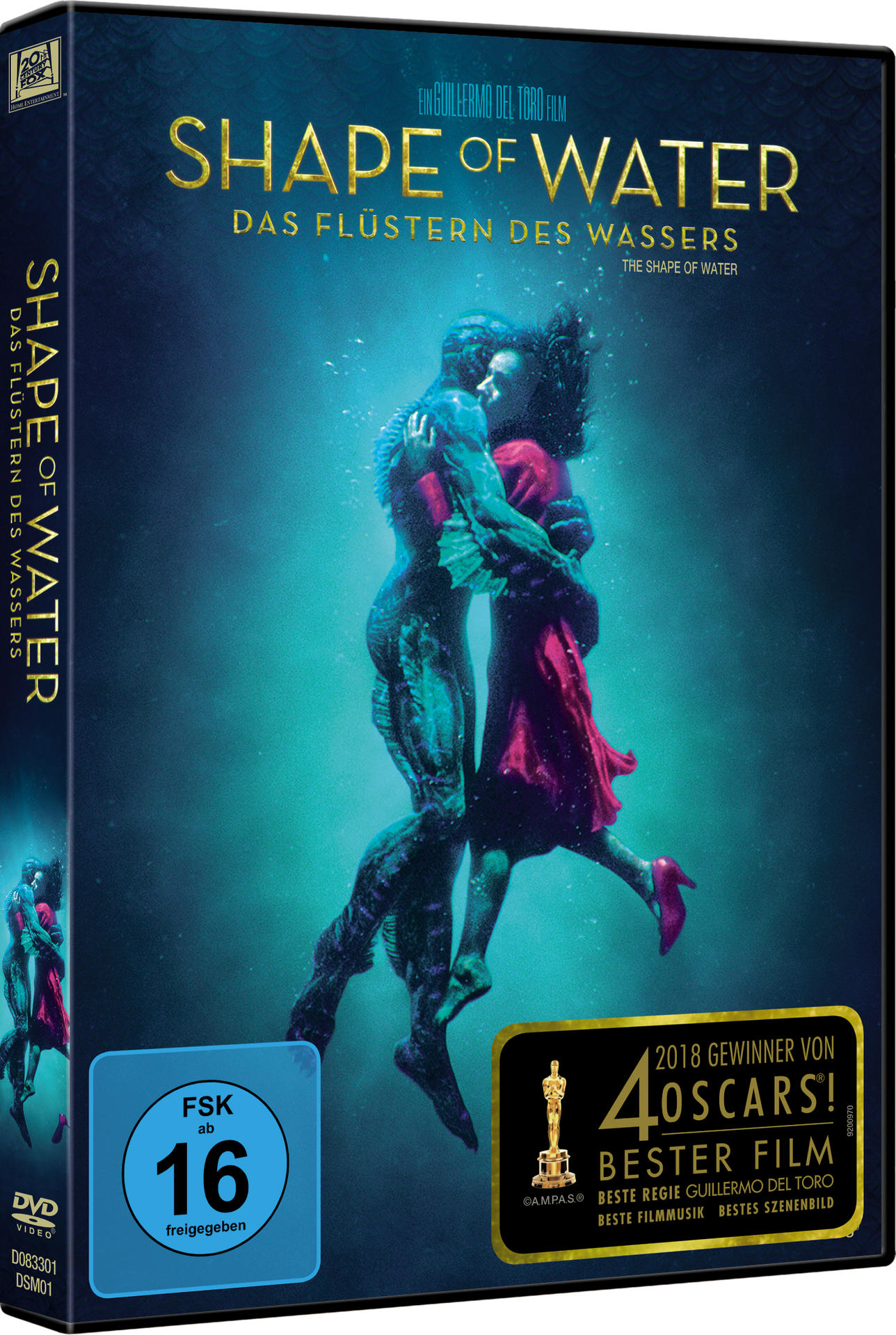 DVD-Hülle des Films 'Shape of Water'. Zeigt ein Paar, das sich unter Wasser umarmt. Dunkelblaue und grüne Töne.