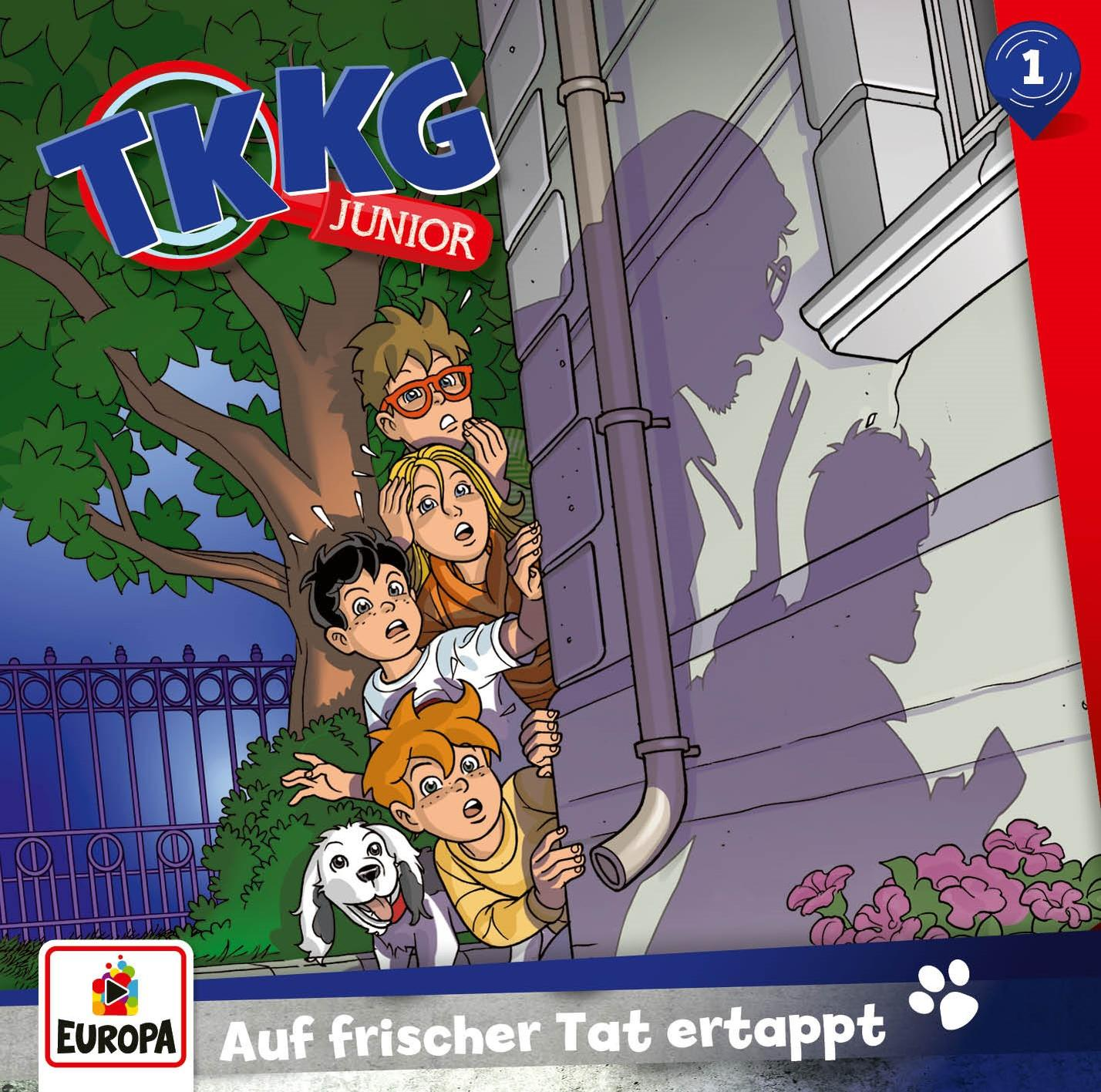 Kinder schauen nach unten, Schatten eines Mannes an der Wand. Text: TKKG Junior Auf frischer Tat ertappt.