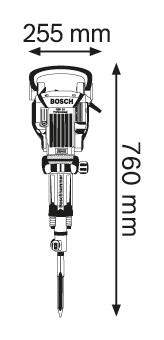 Egy fúrókalapács rajza, méretekkel: 255 mm szélesség, 760 mm hossz.