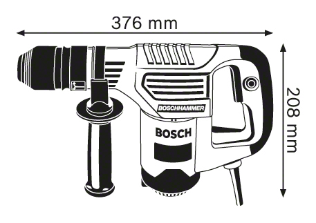 Egy Bosch kalapácsfúró diagramja méretekkel, hosszt és magasságot mutatva.