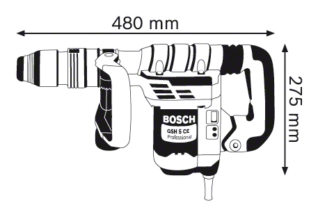 Bosch GSH 5 CE bontókalapács. Méretek: 480mm hosszú, 275mm magas. Fekete és fehér.