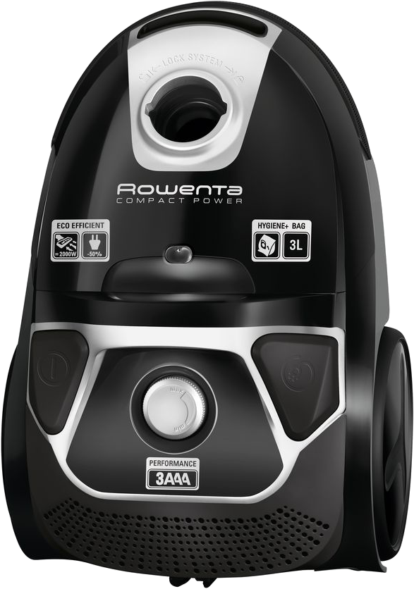 Fekete porszívó ezüst díszítéssel. Rowenta Compact Power felirattal.