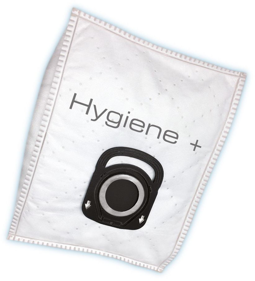 Fehér porszívózsák 'Hygiene +' felirattal és fekete fogantyúval.