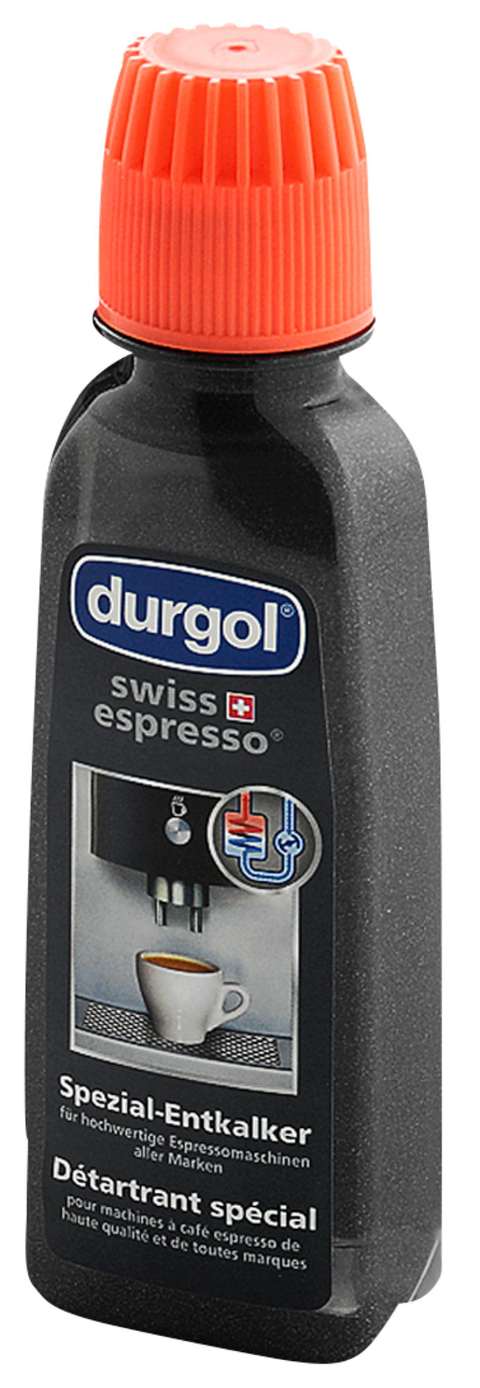 Schwarze Flasche Entkalker mit orangefarbenem Deckel. Etikett mit Espresso-Maschinen-Grafik.