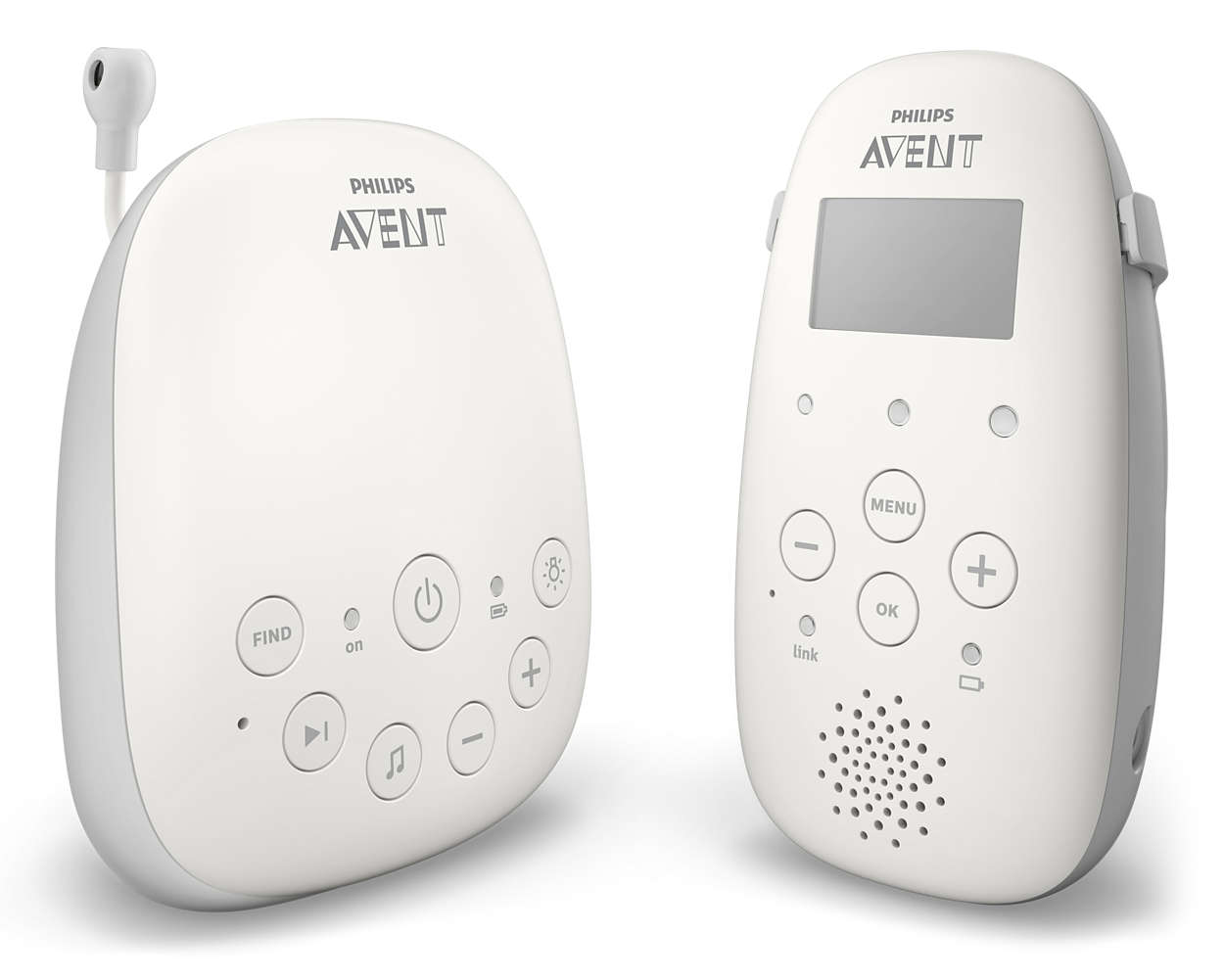 Zwei weiße Philips Avent Babyphones, eines mit Bildschirm.
