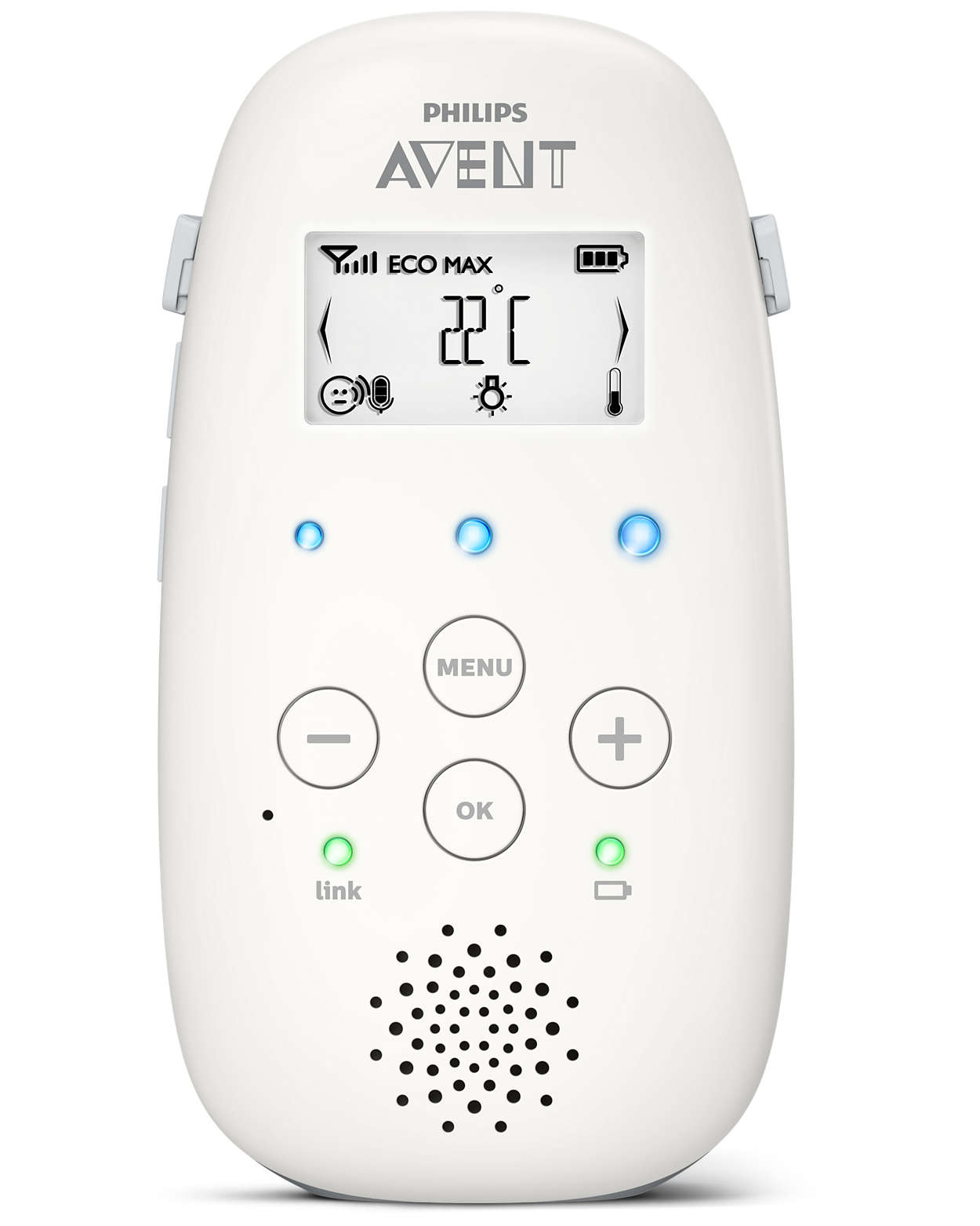 Weißer Baby-Monitor mit Bildschirm, der Temperatur und Einstellungen anzeigt. Knöpfe und Lautsprecher.