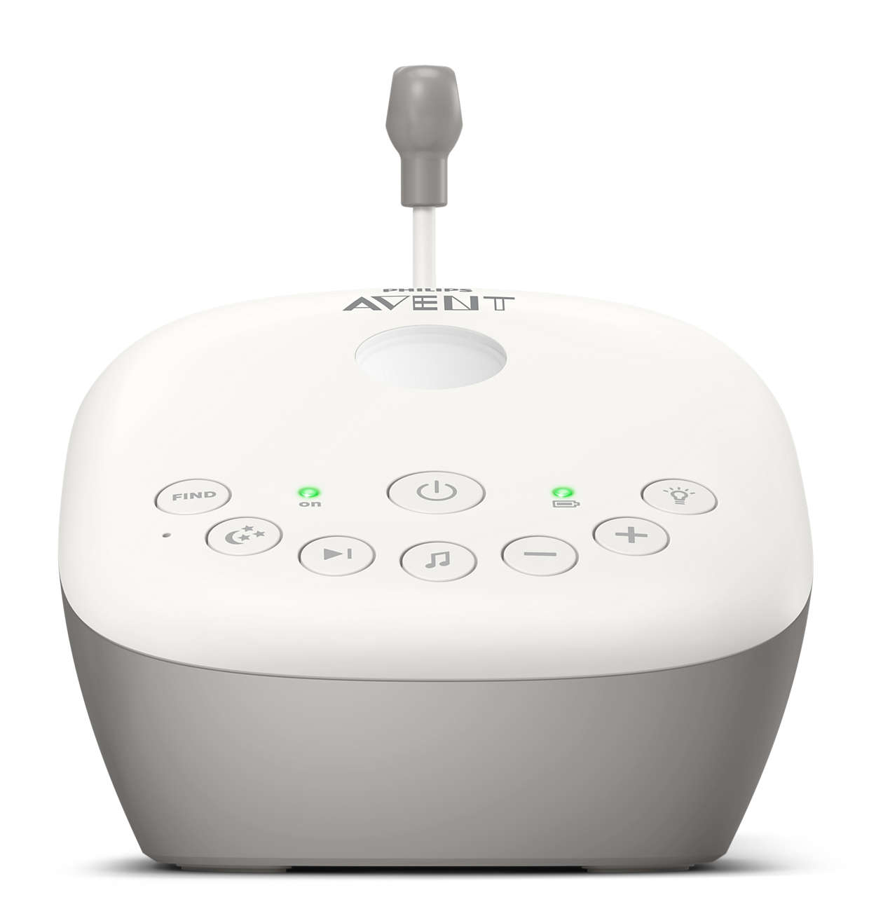 Babyphone-Gerät. Es hat Tasten zur Steuerung verschiedener Funktionen. Es ist grau und weiß.