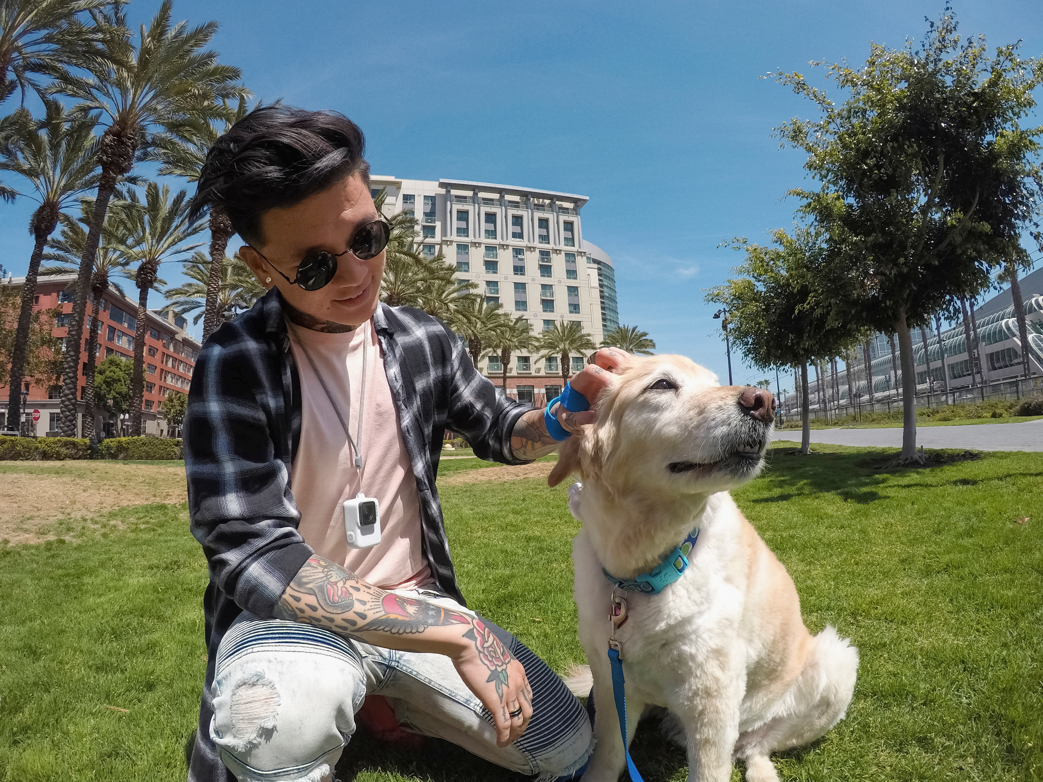 Ein Mann mit Sonnenbrille streichelt einen Hund. Sie sind draußen auf dem Rasen, im Hintergrund Gebäude.