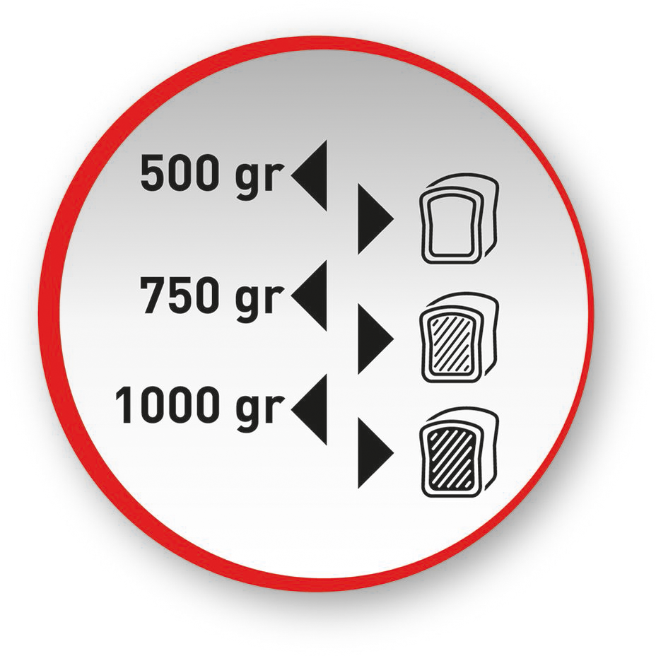 Fehér kör három kenyér ikonnal és szöveggel, ami a kenyér súlyát jelzi: 500g, 750g, 1000g.