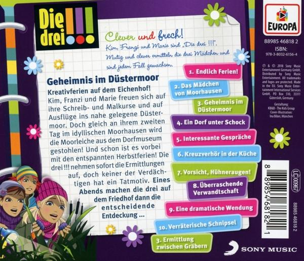 Rückseite einer Die Drei CD mit Cartoon-Mädchen und Text.