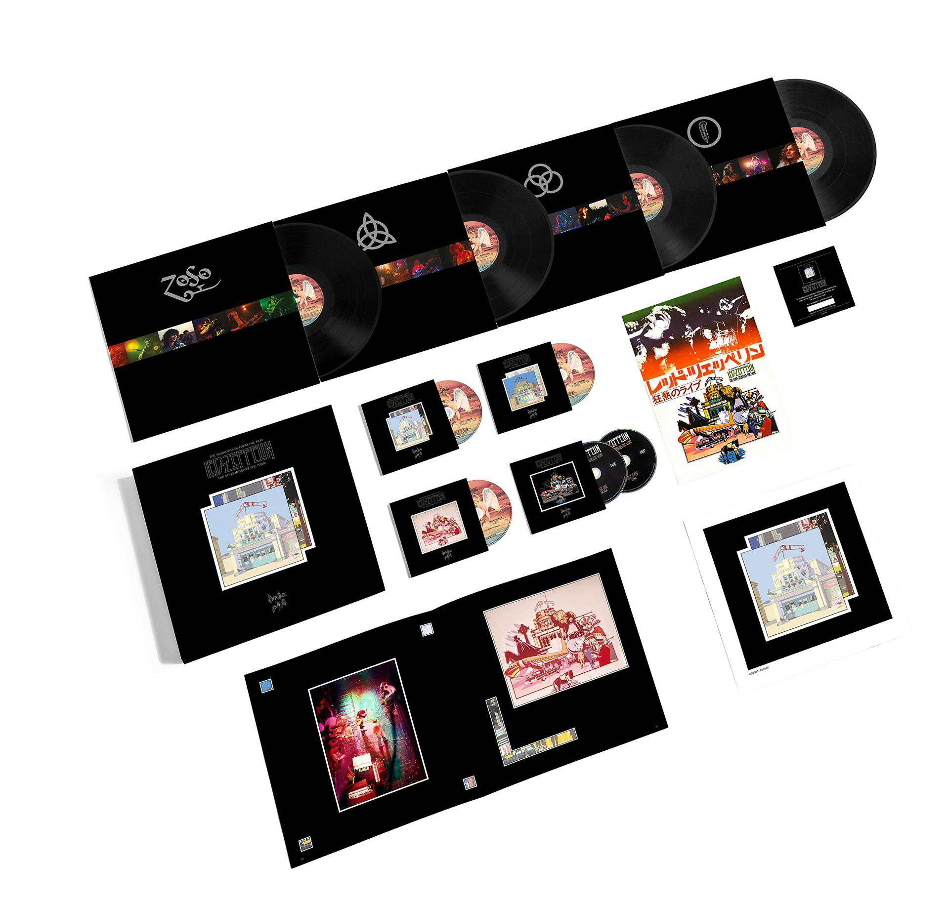 Coffret d'albums de Led Zeppelin, vinyles, CD et documents imprimés associés. Fond noir.