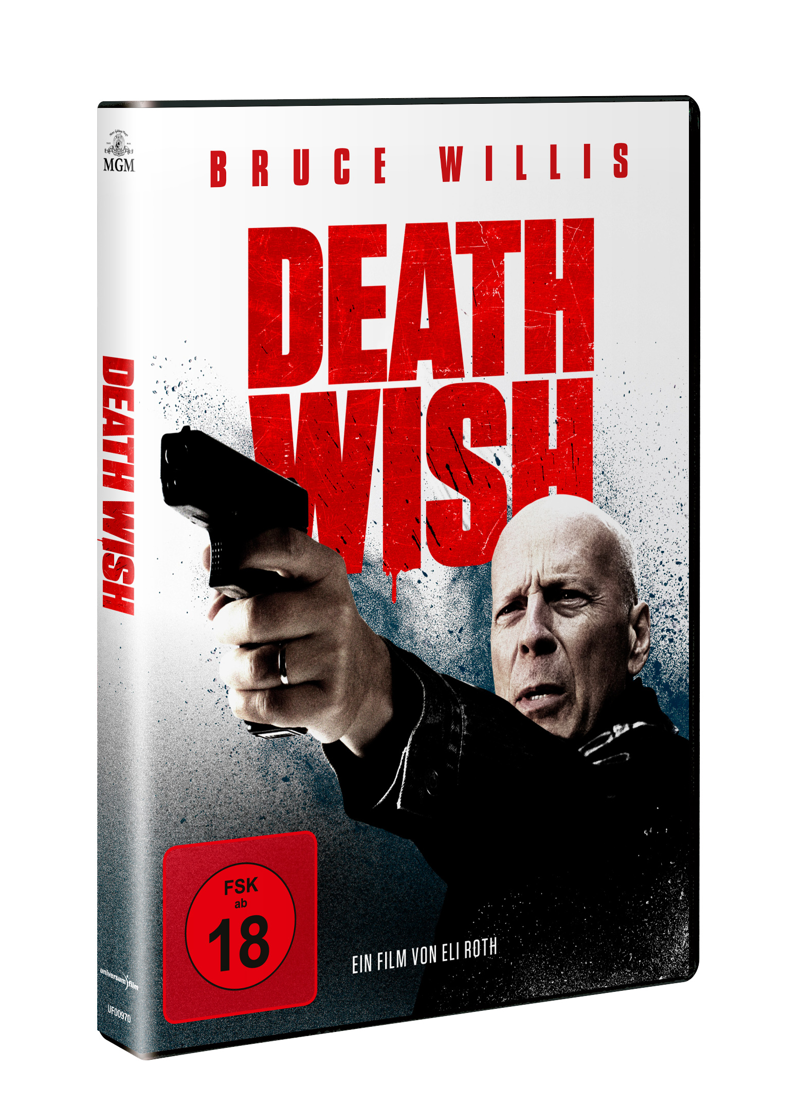 DVD-Hülle für 'Death Wish' mit Bruce Willis, der eine Waffe hält, rote Blutspritzer.