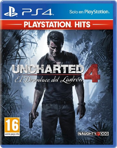 Funda del juego Uncharted 4 con arte de portada que muestra a un hombre con un arma.