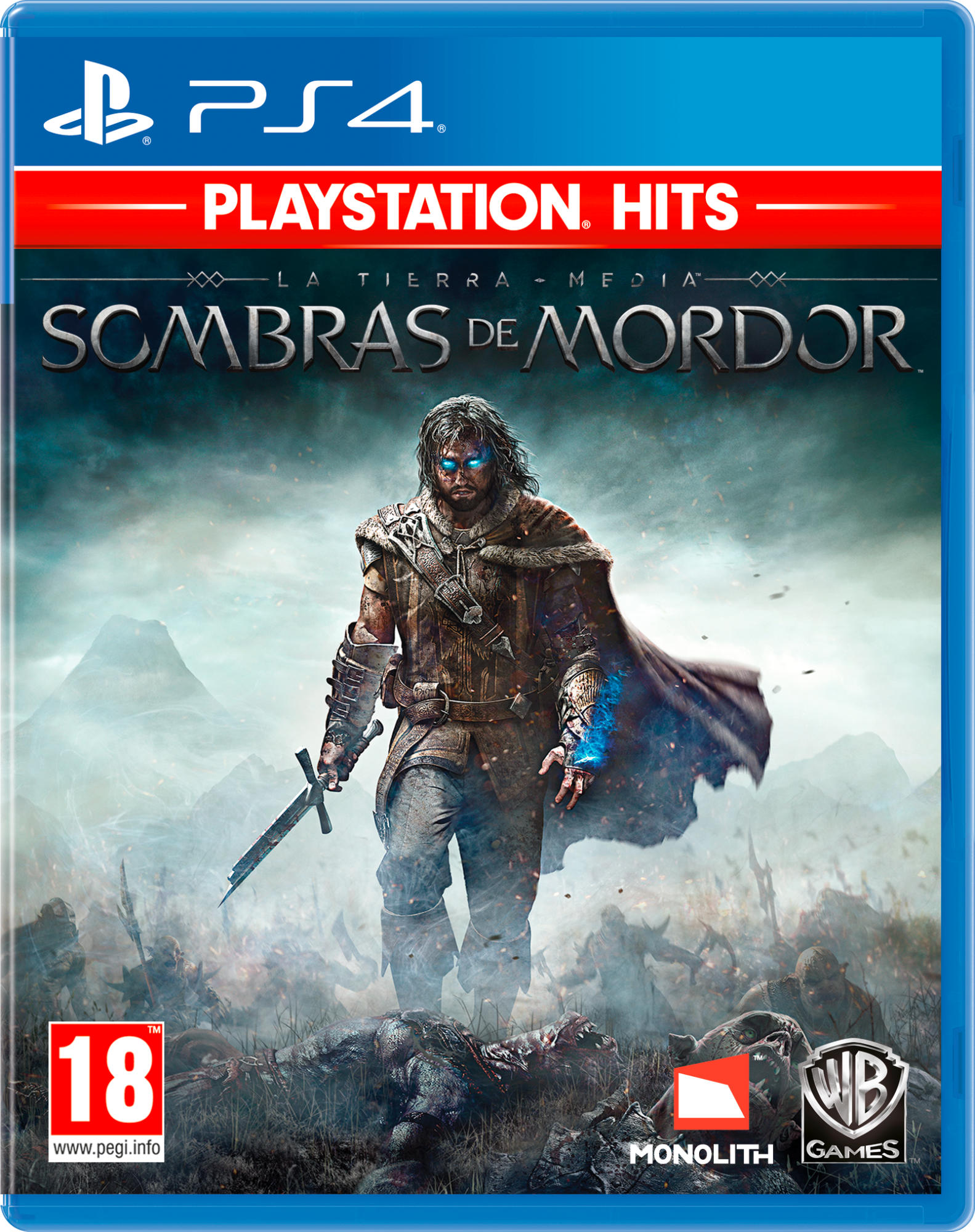 Portada del juego PS4: Hombre con espada, en armadura, en una escena de batalla, con el título Sombras de Mordor.