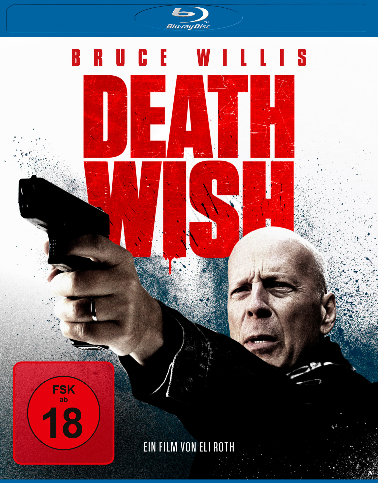 Death Wish Blu-ray Cover. Bruce Willis hält eine Waffe. Roter Text 'DEATH WISH'.